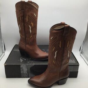 Frye Shelby Deco Stitch Caramel Leather Western Cowboy Boots Womens Size 9 M NEW